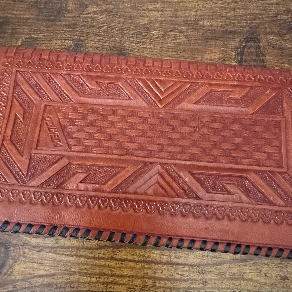 Hand‎ Tooled Brown Leather Aztec Calendar Long Wallet